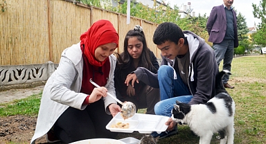 Özel eğitim öğrencileri artan yemeklerini sahipsiz kedilerle paylaşıyor