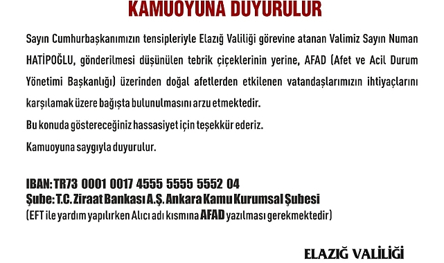 Elazığ’ın yeni Valisi Hatipoğlu, çiçek yerine AFAD’a bağışta bulunulmasını istedi