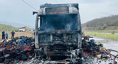 Tokat’ta çilek yüklü kamyon yandı